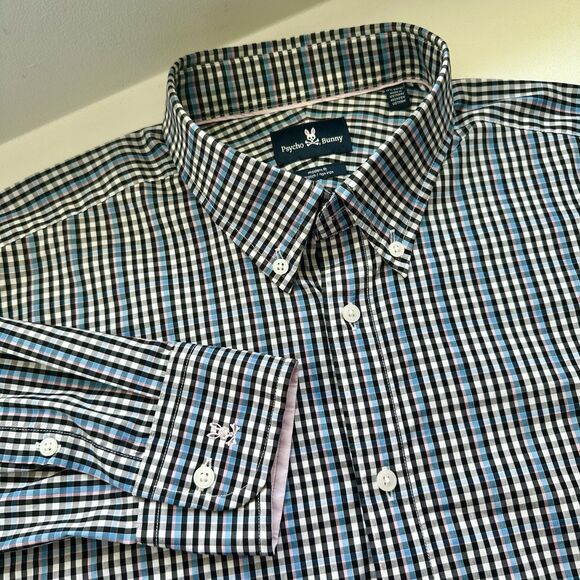 Psycho Bunny Shirt Long Sleeve Button Up Logo Plaid Blue pink Black 17 1/2 34/35 - Picture 1 of 10